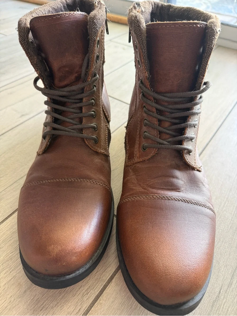 Steve Madden Brown Leather Lace-Up Ankle Boots with side zips